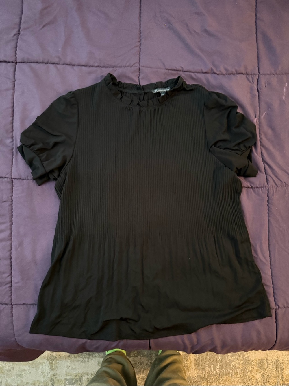 Adrianna Papell Black Ruffled Neck Short Sleeve Blouse